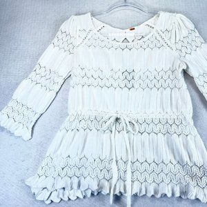 FREE PEOPLE Womens XS White Lace Knit 3/4 Sleeve Tie Waist Keyhole Back Blouse
